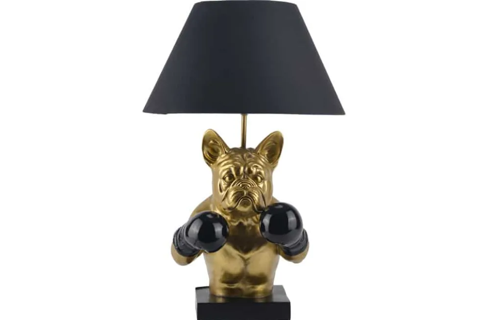 Handgefertigte Tischlampe BULLDOG 55cm schwarz gold Stoffschirm Hunde-Skulptur Boxer