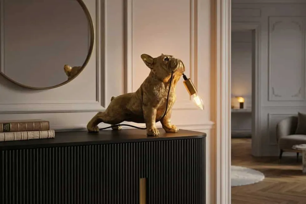 Handgefertigte Tischlampe BULLDOG 35cm gold Hunde-Skulptur