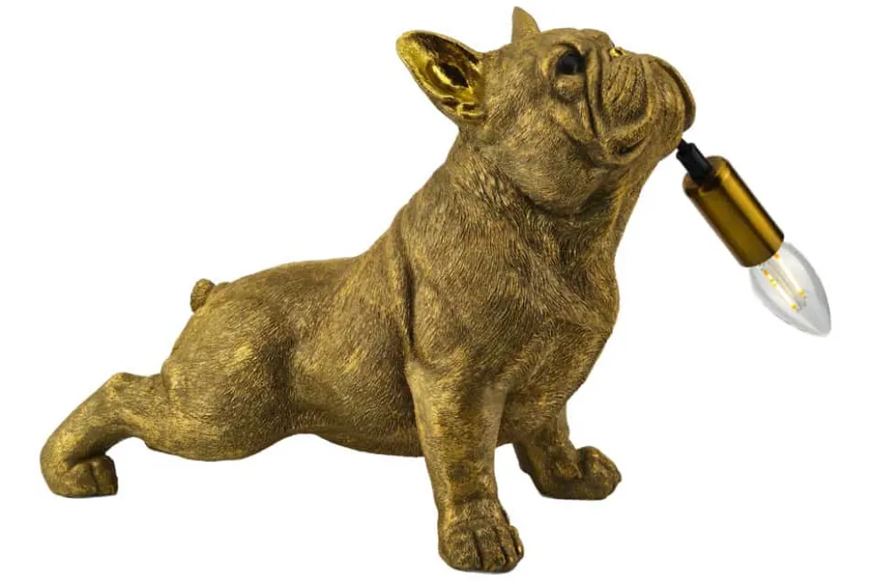 Handgefertigte Tischlampe BULLDOG 35cm gold Hunde-Skulptur