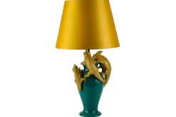 Handgefertigte Tischlampe CHAMELEON 55cm grün gold Skulptur gelber Stoffschirm