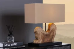 Handgefertigte Tischlampe HYPNOTIC 50cm natur Teakholz beige mit Leinenschirm