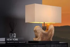 Handgefertigte Tischlampe HYPNOTIC 50cm natur Teakholz beige mit Leinenschirm