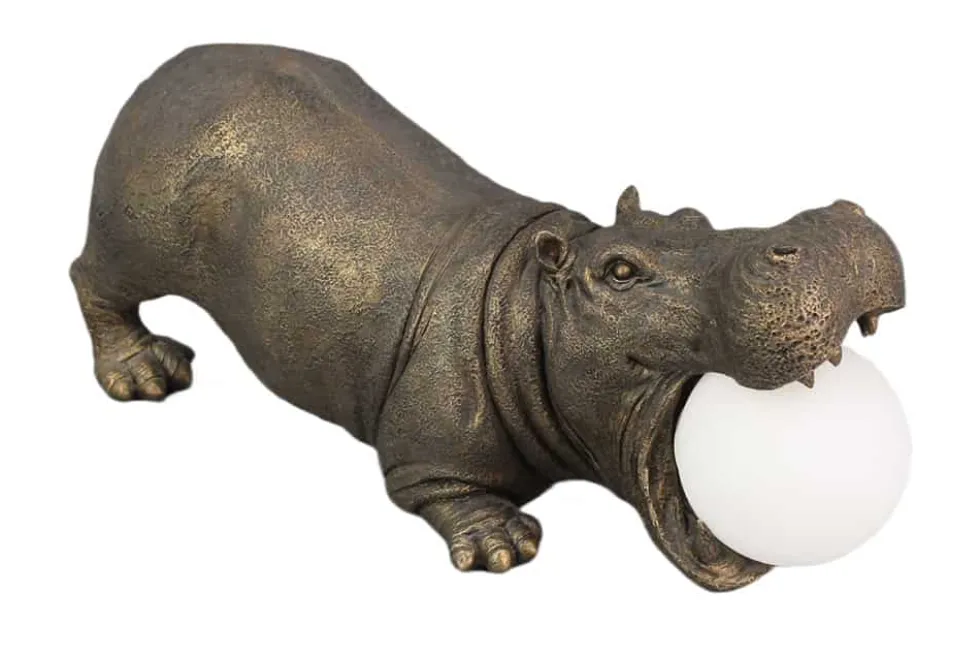 Handgefertigte Tischlampe HIPPO 45cm schwarz Nilpferd-Skulptur mit Lampenkugel
