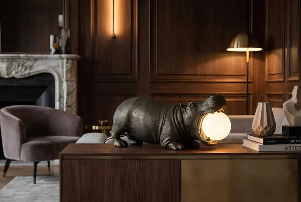 Handgefertigte Tischlampe HIPPO 45cm schwarz Nilpferd-Skulptur mit Lampenkugel