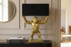 Handgefertigte Tischlampe KING APE 70cm schwarz gold Stoffschirm Affen-Skulptur