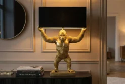 Handgefertigte Tischlampe KING APE 70cm schwarz gold Stoffschirm Affen-Skulptur