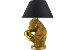 Handgefertigte Tischlampe KING APE 55cm schwarz gold Stoffschirm Affen-Skulptur