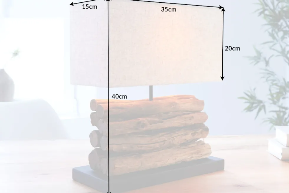 Handgefertigte Tischlampe PERIFERE 40cm beige Treibholz Leinenschirm