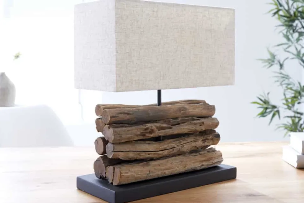 Handgefertigte Tischlampe PERIFERE 40cm beige Treibholz Leinenschirm