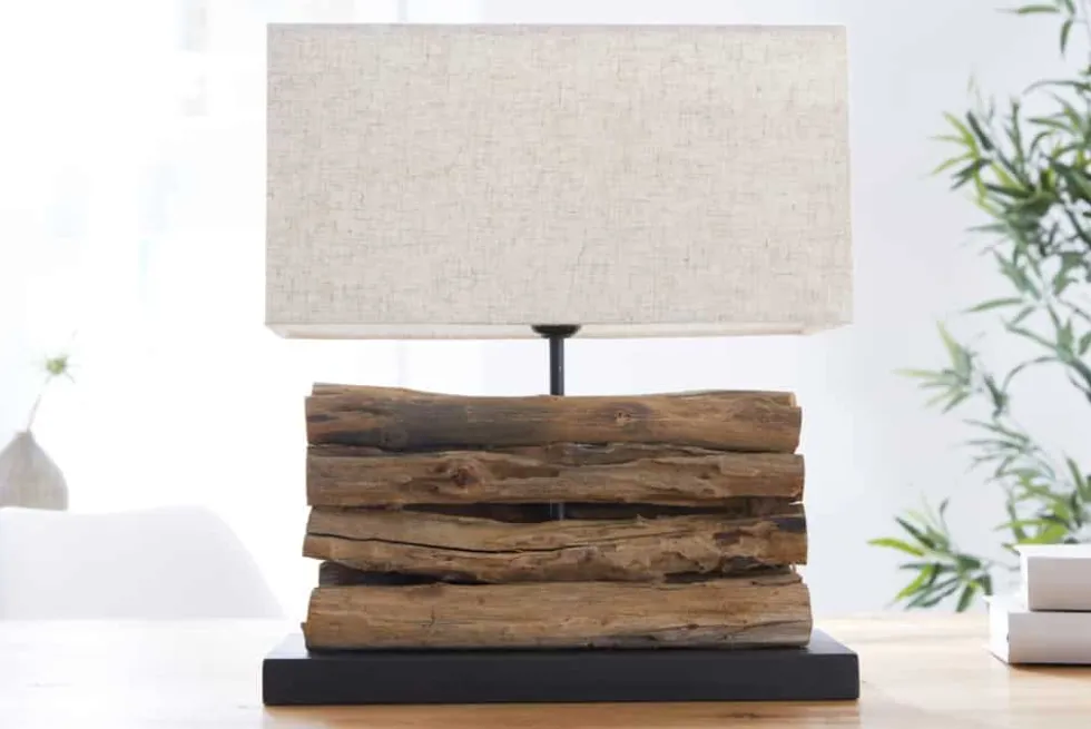 Handgefertigte Tischlampe PERIFERE 40cm beige Treibholz Leinenschirm