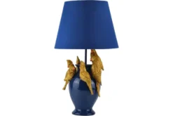 Handgefertigte Tischlampe PARROT 55cm blau gold Papagei-Skulptur Stoffschirm