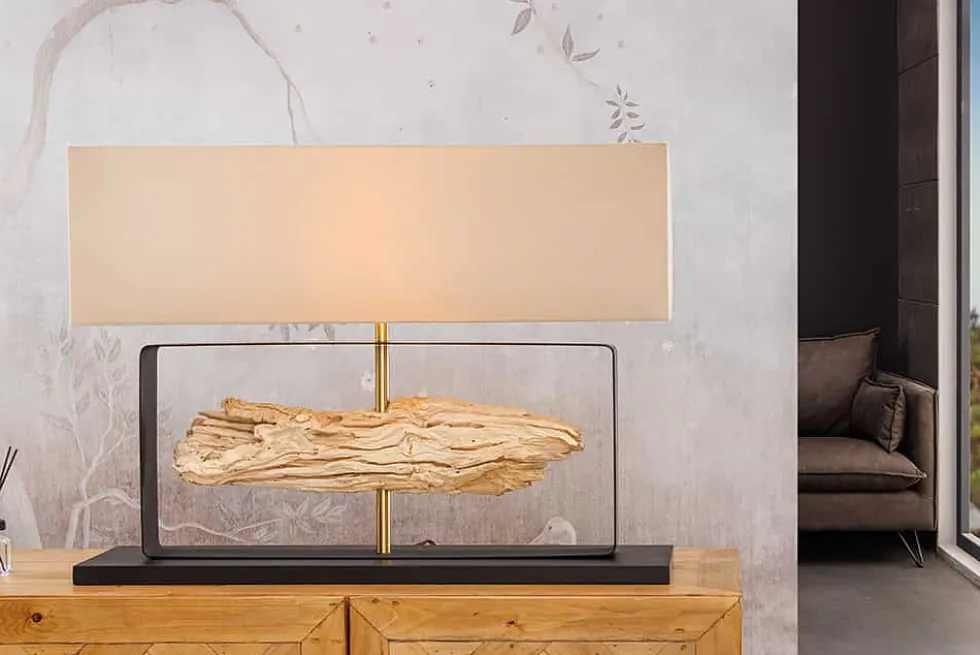 Handgefertigte Tischlampe ROUSILIQUE 80cm natur Eisenholz beige mit Lampenschirm