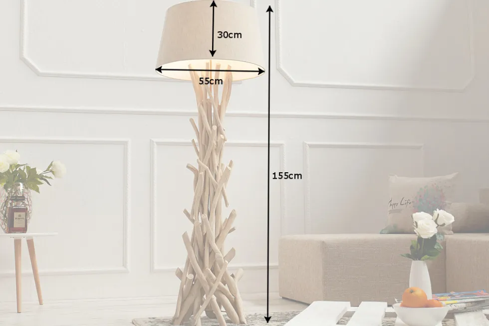 Handgefertigte Treibholz Stehlampe WILD NATURE 155cm sand mit Leinenschirm