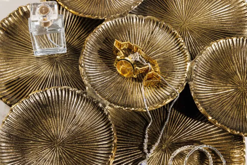 Handgefertigte XXL Deko Schale ABSTRACT LEAF 45cm gold Metall Aluminium Schmuckablage