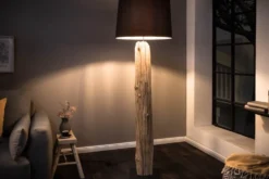 Handmade Stehlampe ROUSILIQUE 180cm schwarz Treibholzlampe Leinenschirm Baumstamm