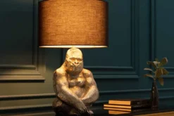 Handmade Tischlampe KONG 60cm silber Metall Affe Gorilla Dekoleuchte schwarzer Lampenschirm