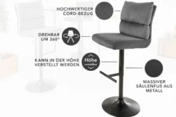 Höhenverstellbarer Barhocker COMFORT grau Cord drehbar mit Lehne Metall schwarz
