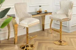 Höhenverstellbarer Barhocker CASTLE DELUXE beige Samt gold Edelstahl mit Löwenkopf