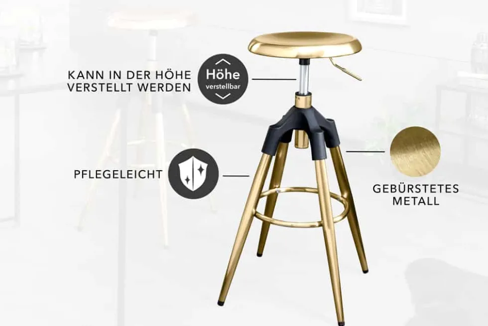 Höhenverstellbarer Barhocker INDUSTRIAL gold schwarz Metall rund drehbar Industrial Design