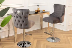 Höhenverstellbarer Barhocker CASTLE DELUXE grau Samt silber Edelstahl Löwenkopf
