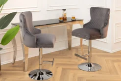 Höhenverstellbarer Barhocker CASTLE DELUXE grau Samt silber Edelstahl Löwenkopf