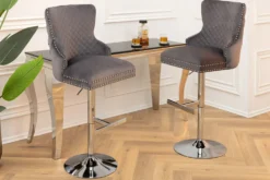 Höhenverstellbarer Barhocker CASTLE DELUXE grau Samt silber Edelstahl Löwenkopf