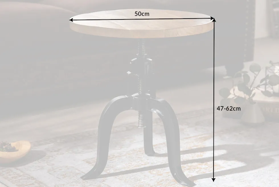 Höhenverstellbarer Beistelltisch ENGINEER 50cm Mangoholz Industrial Design massiv rund Eisen