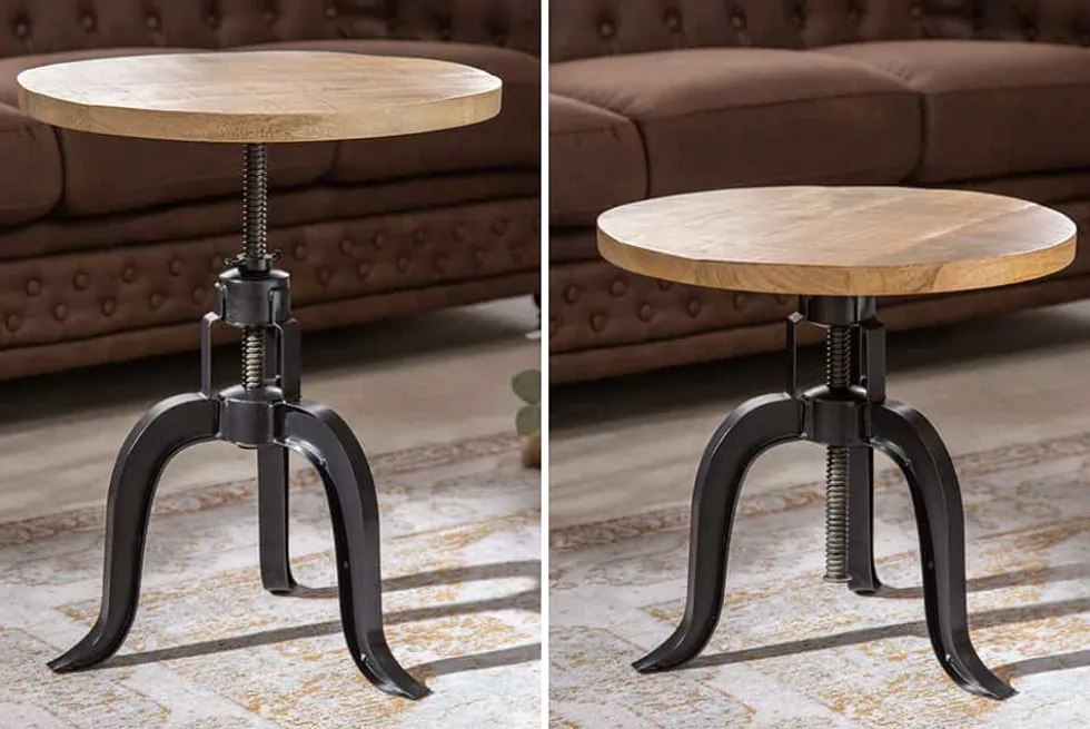 Höhenverstellbarer Beistelltisch ENGINEER 50cm Mangoholz Industrial Design massiv rund Eisen