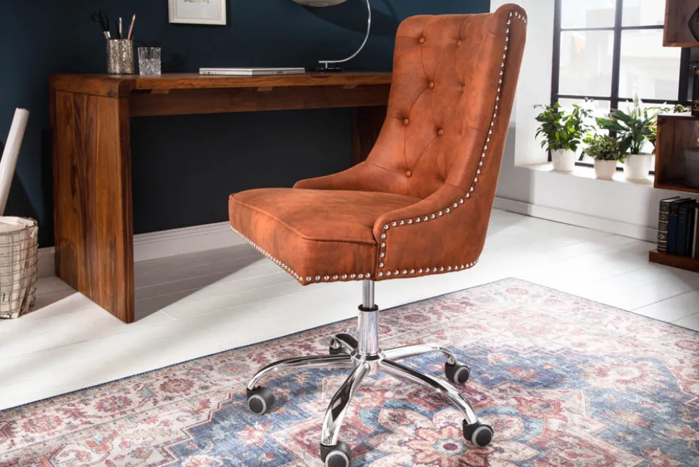 Höhenverstellbarer Bürostuhl VICTORIAN vintage hellbraun mit Chesterfield-Steppung