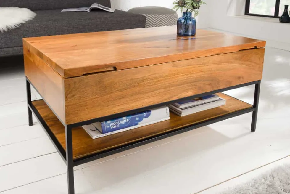 Höhenverstellbarer Couchtisch FACTORY LIFTUP 80cm Mangoholz massiv mit Stauraum Metall