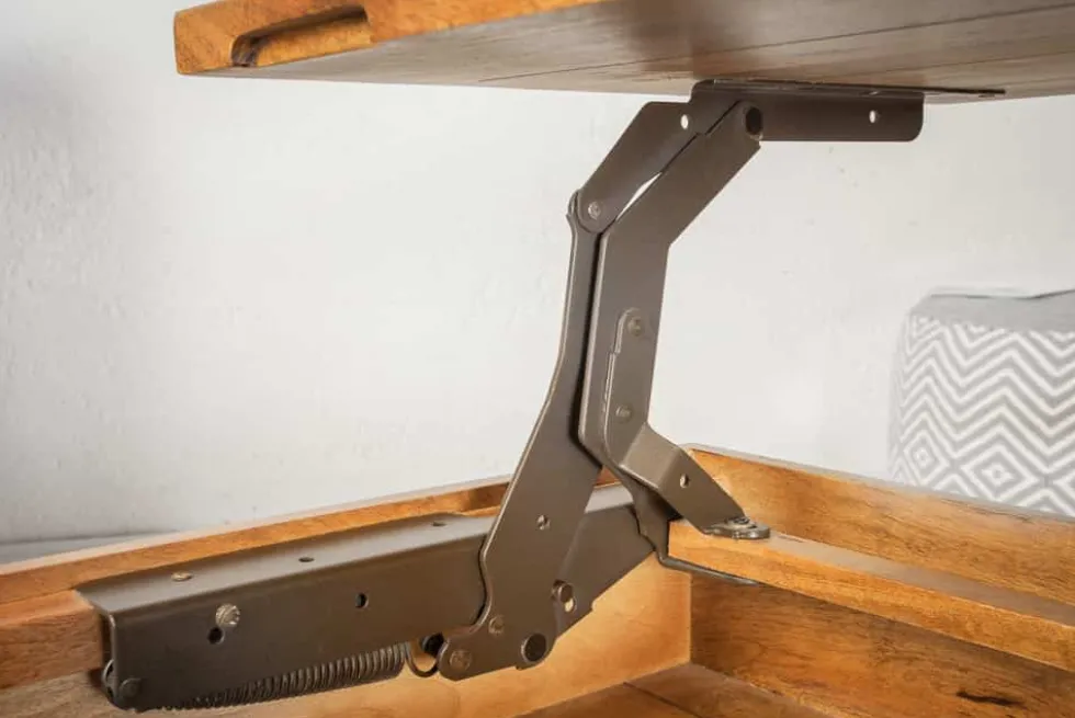 Höhenverstellbarer Couchtisch FACTORY LIFTUP 80cm Mangoholz massiv mit Stauraum Metall