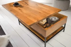 Höhenverstellbarer Couchtisch FACTORY LIFTUP 80cm Mangoholz massiv mit Stauraum Metall