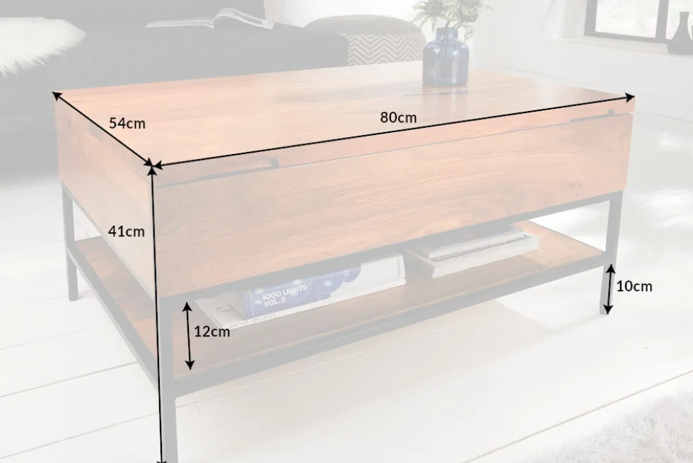 Höhenverstellbarer Couchtisch FACTORY LIFTUP 80cm Mangoholz massiv mit Stauraum Metall