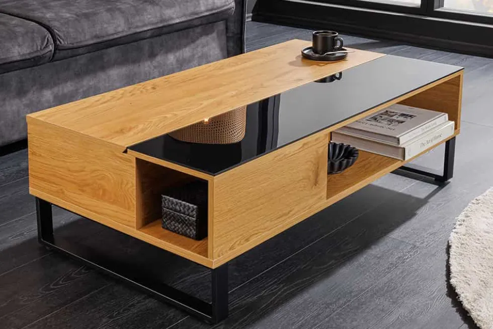 Höhenverstellbarer Couchtisch APARTMENT 110cm natur Eiche schwarz Metall Stauraum