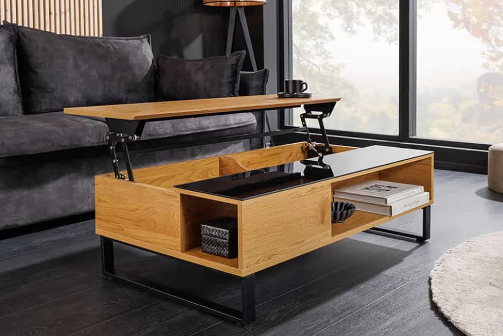 Höhenverstellbarer Couchtisch APARTMENT 110cm natur Eiche schwarz Metall Stauraum