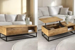 Höhenverstellbarer Couchtisch MAKASSAR FUNCTION 110cm natur cream finish Mangoholz massiv