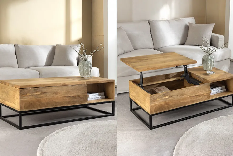 Höhenverstellbarer Couchtisch MAKASSAR FUNCTION 110cm natur cream finish Mangoholz massiv