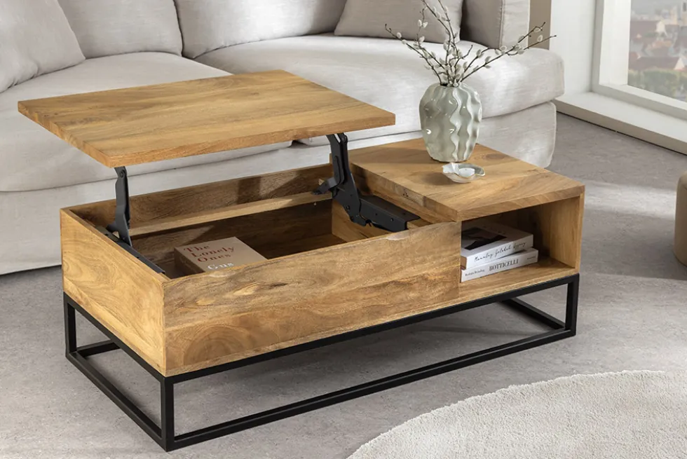 Höhenverstellbarer Couchtisch MAKASSAR FUNCTION 110cm natur cream finish Mangoholz massiv