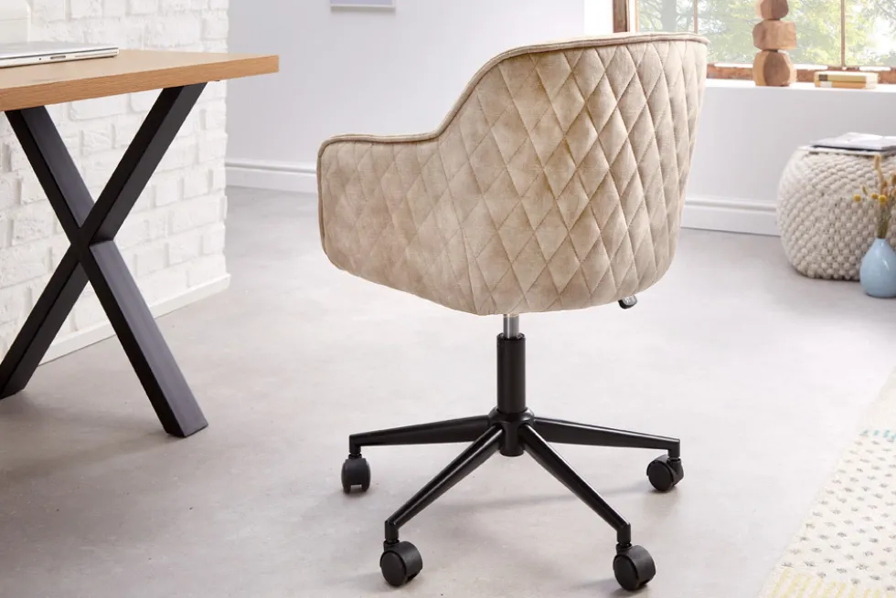 Höhenverstellbarer Design Bürostuhl EUPHORIA champagner greige Samt drehbar Ziersteppung