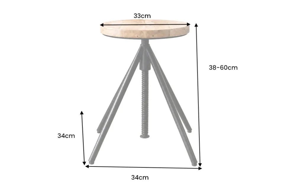 Höhenverstellbarer Hocker FACTORY 60cm natur Mangoholz Metall Sitzhocker