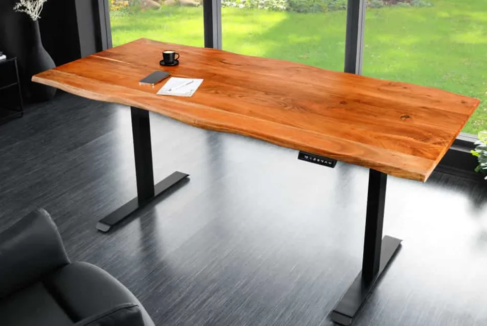 Höhenverstellbarer Schreibtisch MAMMUT 140cm natur Akazie Massivholz Baumkante