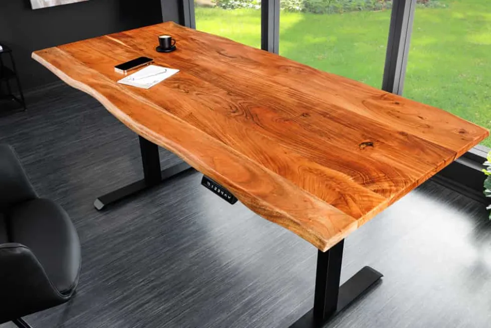 Höhenverstellbarer Schreibtisch MAMMUT 120cm natur Akazie Massivholz Baumkante