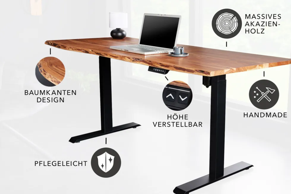 Höhenverstellbarer Schreibtisch MAMMUT 120cm natur Akazie Massivholz Baumkante