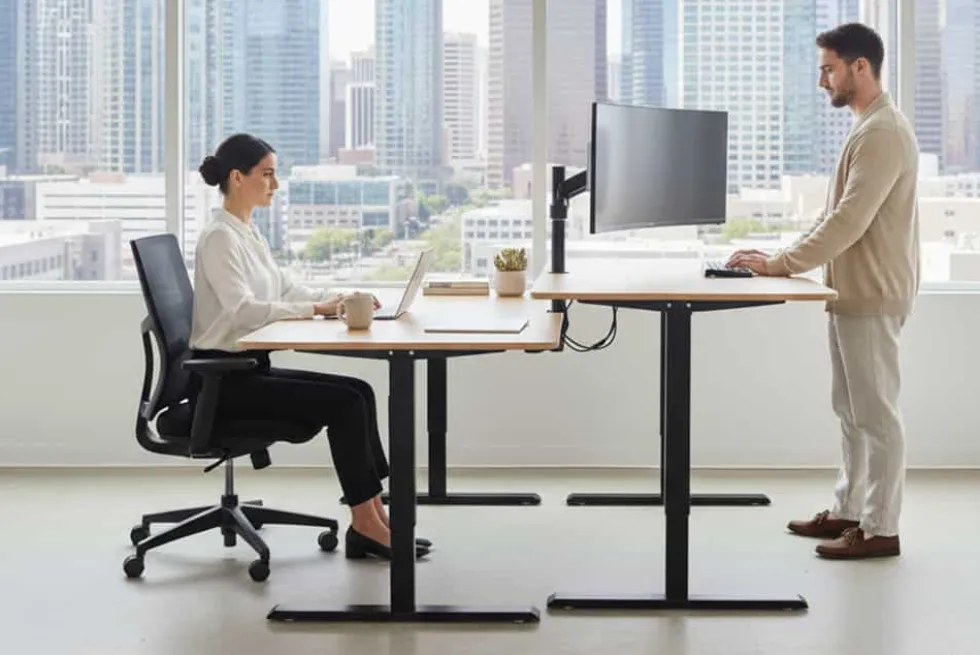 Höhenverstellbarer Schreibtisch OAK DESK 140cm natur Eiche-Design schwarzes Metallgestell