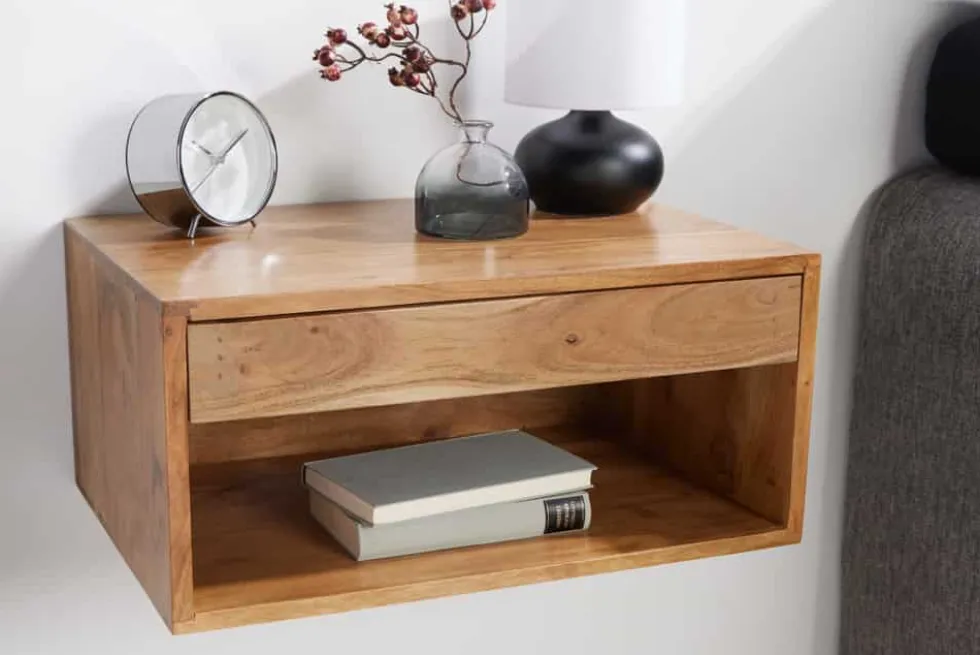 Hängender Nachttisch PURE 50cm braun Akazie Massivholz honey finish Schublade