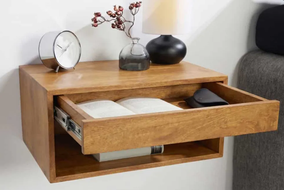 Hängender Nachttisch PURE 50cm braun Mangoholz honey finish Wandregal Schublade