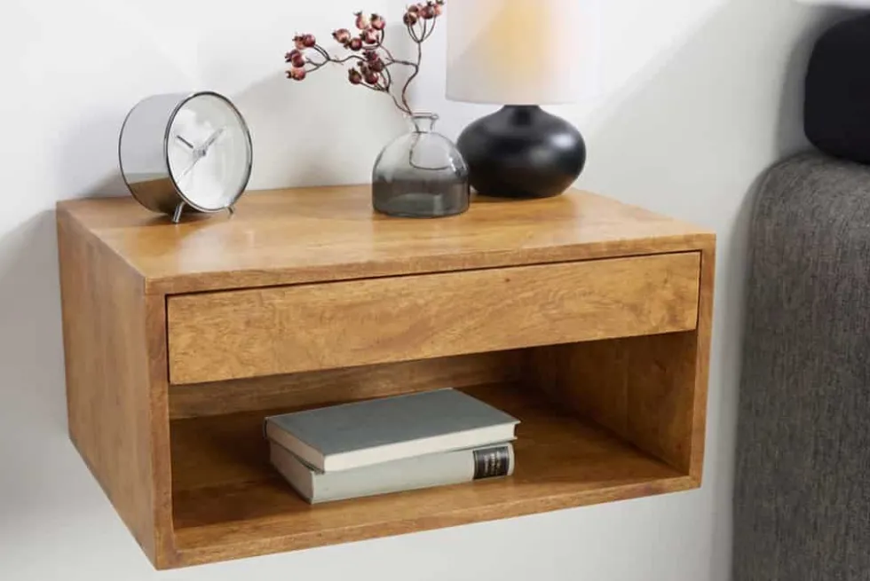 Hängender Nachttisch PURE 50cm braun Mangoholz honey finish Wandregal Schublade