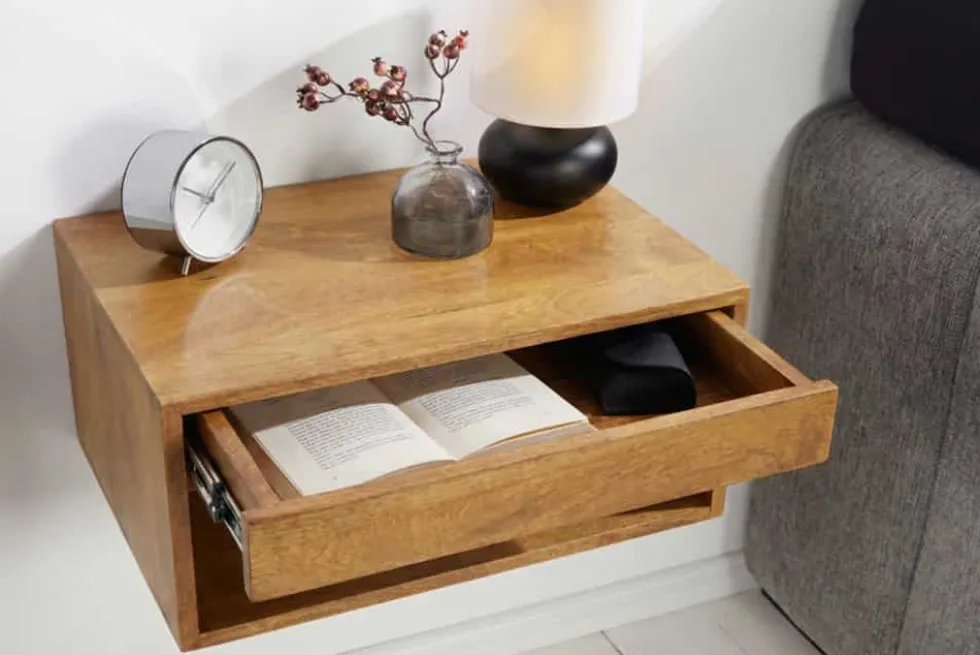 Hängender Nachttisch PURE 50cm braun Mangoholz honey finish Wandregal Schublade