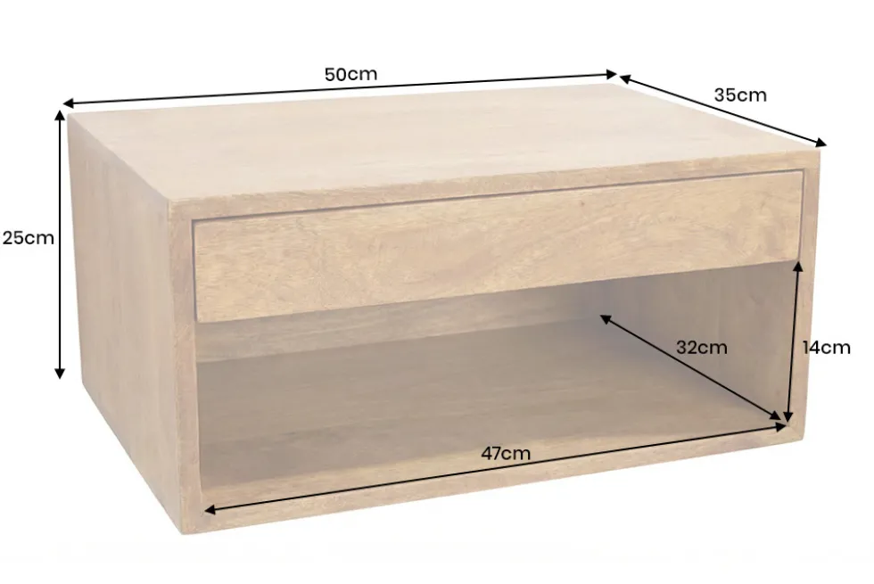 Hängender Nachttisch PURE 50cm braun Mangoholz honey finish Wandregal Schublade