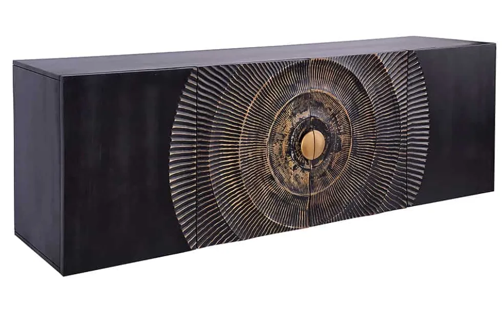 Hängendes Sideboard GOLDEN SUNSET 180cm schwarz mit 3D Schnitzereien gold massiv Mangoholz handmade